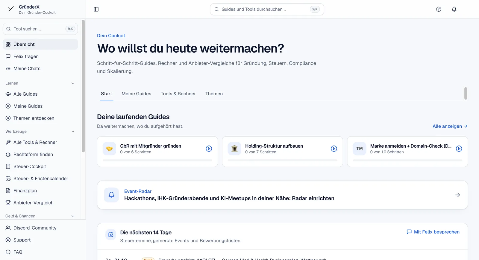 GründerX-Cockpit: laufende Guides, Termine der nächsten 14 Tage und Werkzeuge in der Seitenleiste