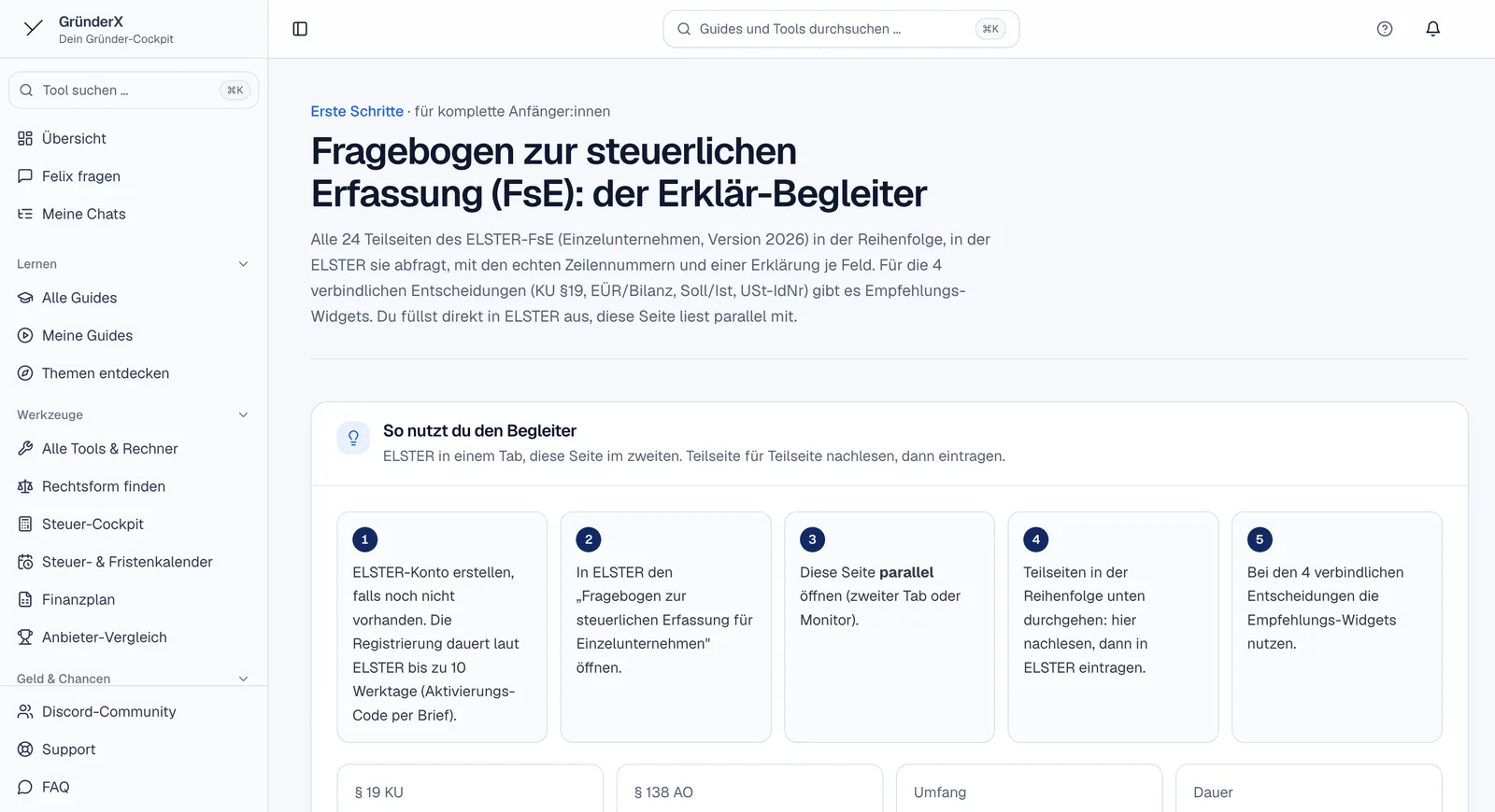 Begleiter zum Fragebogen zur steuerlichen Erfassung mit allen ELSTER-Teilseiten in Reihenfolge