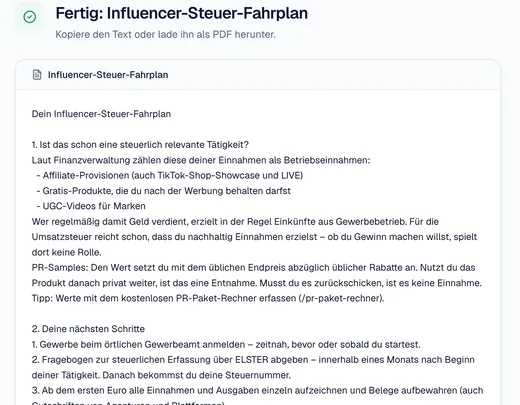 Ergebnis des Influencer-Steuer-Checks: persönlicher Fahrplan