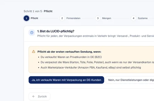 Ausschnitt LUCID-Wizard: Prüfung der Verpackungspflicht Schritt für Schritt