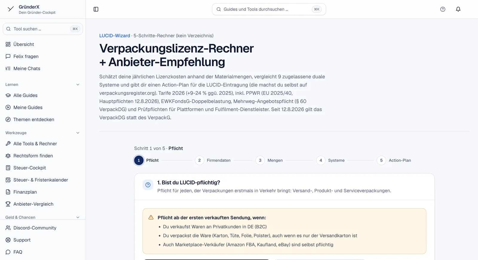 Verpackungslizenz-Rechner mit Anbieter-Empfehlung für LUCID