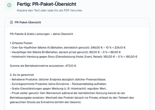 Ergebnis des PR-Paket-Rechners mit Beispielwerten