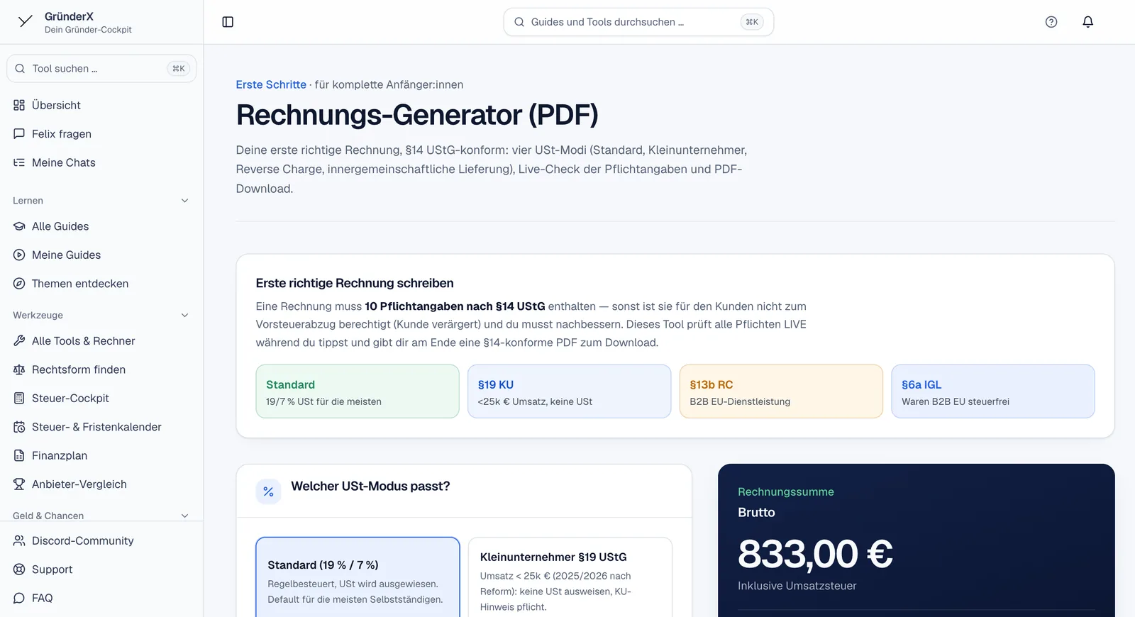 Rechnungs-Generator mit Live-Check der Pflichtangaben
