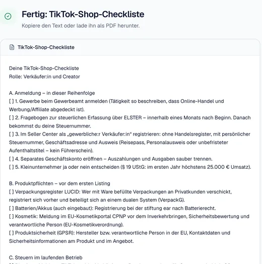 Ergebnis der TikTok-Shop-Checkliste mit den Anmeldungen in Reihenfolge